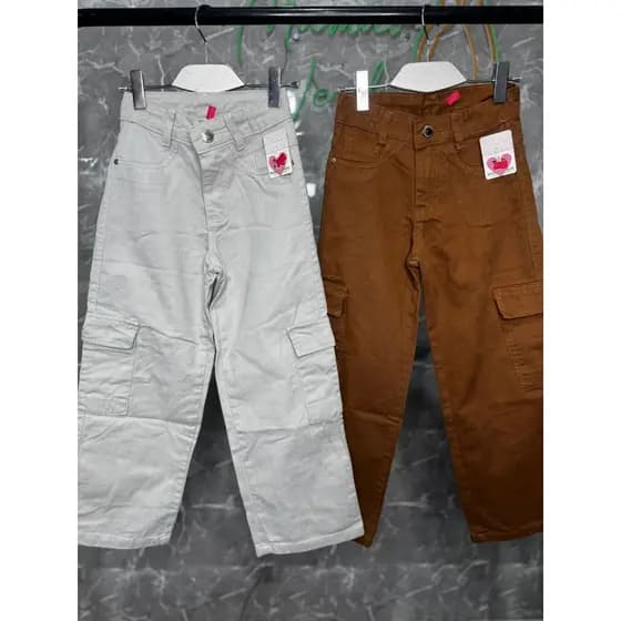Luz Moda Infantil - Primavera e Verão - Wide Leg Jeans Cargo Coloridas Bege e Marrom Brown com Bolsos Laterais para Meni