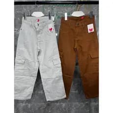 Luz Moda Infantil - Primavera e Verão - Wide Leg Jeans Cargo Coloridas Bege e Marrom Brown com Bolsos Laterais para Meni