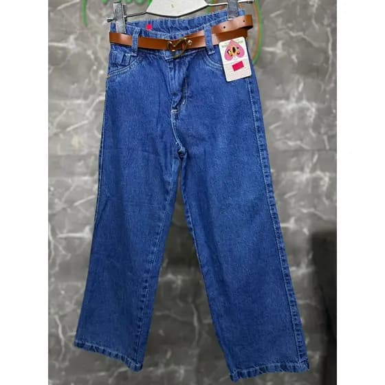 Luz Moda Infantil - Primavera e Verão - Calça Jeans Wide Leg Escura com Cinto Básica para Meninas Adolescentes Crianças