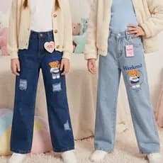 Calça Jeans Wide Leg Estampa Ursinho Fofo Adolescente Menina Regulagem Interna - 10 ao 16 - Luz Moda Inf