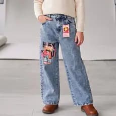 Calça Jeans Wide Leg Baggy Estampada Ursinho Fofo / Boiadeira / Strass Brilho Adolescente Menina - Regulagem Interna - 4