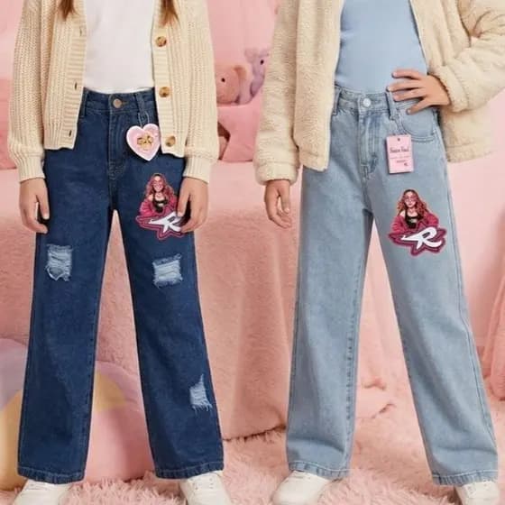 Calça Jeans Wide Leg Emilly Vick Youtuber Grupo dos Rosa Criança e Adolescente Menina Regulagem Interna  4 ao 16