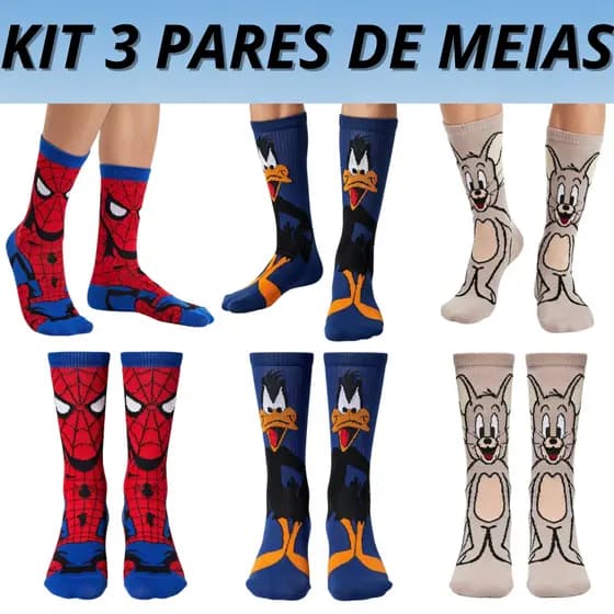 kit 3 Pares de Meias Divertidas Cano Longo Algodão Desenhos e Personagens Unissex