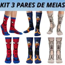 kit 3 Pares de Meias Divertidas Cano Longo Algodão Desenhos e Personagens Unissex