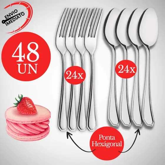Kit 48 Peças Garfo Colher Sobremesa Elegante Aço Inox Casa Enxoval Restaurante Churrascaria Buffet