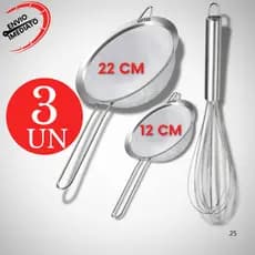 Kit 3 Peças 2 Peneira + Fue Batedor de Ovos Cozinha Confeitaria Pararia Cafeteria