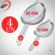 Kit 4 Peneiras Aço Inox 12 cm 22 cm Para Confeiteira Restaurante Lachonete Hotel Drinks Bolo Suco