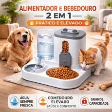 Alimentador E Bebedouro Elevado Automático 2 Em 1 Cinza E Branco Com Visor De Ração Para Pets Design Moderno E Compacto