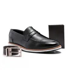 Kit Sapato Mocassim Casual Masculino Laboshoes Calce Fácil Preto Marrom + Cinto + Carteira