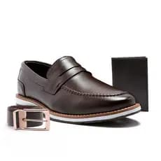 Kit Sapato Mocassim Social Casual Masculino Laboshoes Calce Fácil Preto Marrom + Cinto + Carteira