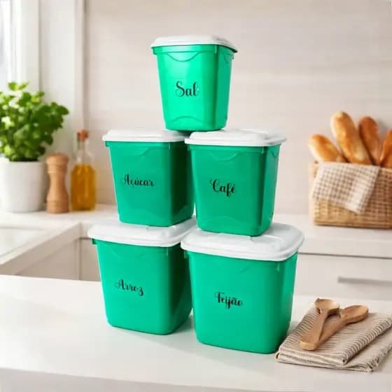 Kit Mantimento Potes Plástico 5 Unidades Conjunto Oganizador Alimentos Arros Sal Tempero Com Tampa