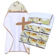 Kit Toalha de Banho Bebe Forrada e Capuz + 6 Toalhinhas de Ombro com Tecido Estampado 100% Algodão