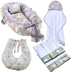 Kit Toalha de Banho Bebe Forrada + Ninho Redutor de Berço + 6 Toalha de Ombro + Almofada Amamentação