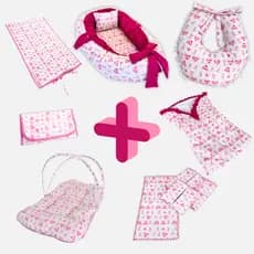 Super Kit Bebê 12 Peças Ninho Almofada Saco Trocador Portátil e de Cômoda Berço Mosquiteiro 6 Babete
