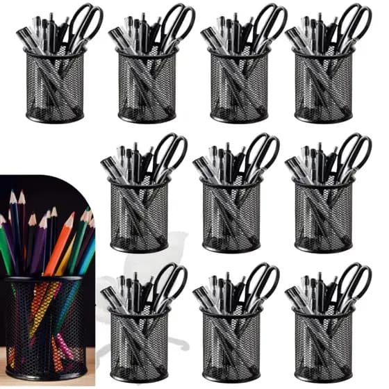 Kit C/ 10 Porta Caneta Lápis Redondo Aramado Preto Metal