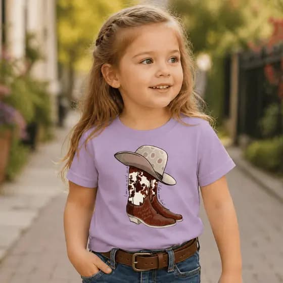Camiseta Infantil Country Estampa Bota e Chapéu Feminina Menina Manga Curta Moça Menina Escola Roça