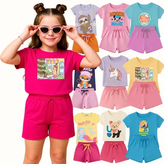 Kit Sortido 10 Peças de Roupa Infantil Menina 5 Camisetas 5 Bermudas Conjunto Infantil Menina Bebê