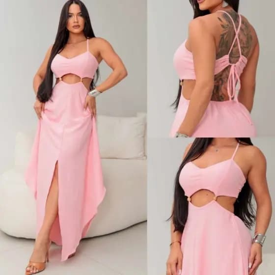 Vestido Longo Verão Praia Soltinho Luxo feminino com Fenda Decote e Alças, Tecido Duna -Tendencia Moda 2026 Midi Luxuosa