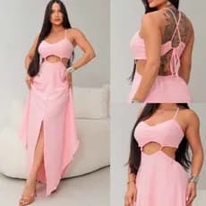 Vestido Longo Verão Praia Soltinho Luxo feminino com Fenda Decote e Alças, Tecido Duna -Tendencia Moda 2026 Midi Luxuosa