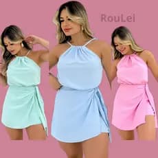 Macaquinho Feminino Short Saia com Forro Tecido Duna Liso -Macacão Feminino Vestido Verão Praia Soltinho tamanho P-GG-G1