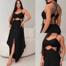 Vestido Feminino Midi Longo com Fenda na  frente – Tecido Duna Liso Confortável - Cor Preto