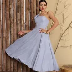 Vestido Midi Feminino Linho Um Ombro  laço charmoso com bojo e forro  – Tecido Linho Elegante - Tendência 2026