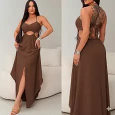 Vestido Midi Longo Feminina com Fenda Decote Alça e Forro, Vestido Verão Praia Soltinho Moda Luxuosa Tecido Duna Tamanho
