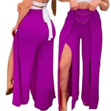 Calça Pantalona Feminina com Corrente Tecido Duna Liso - Cintura Alta, Leve e Elegante - Tendência 2026 Tamanho P, M e G