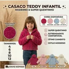 Blusa Casaco Teddy infantil de inverno com capuz -Tamanho 2 ao 12 Jaqueta Quentinho Infantil sherpa VEJA A TABELA MEDIDA