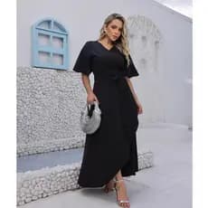 Vestido Feminino Evangélico Envelope Com Forro Manga Curto Transpassado tecido Crepinho