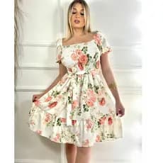 Vestido Feminino Curto Floral Estampado Princesinha em Crepinho Casual com Manga Bufante Elegante Moda Verão