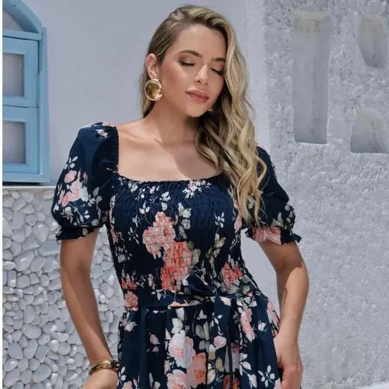 Vestido Estampado Curto Manga Bufante Cintura Alta Moda Evangèlica