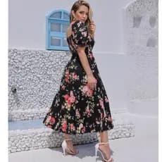 Vestido Feminino Plissado Estampado Manga Bufante Cintura Alta