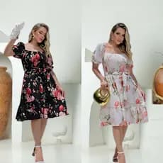Kit 2 Vestidos Femininos Curtos Floral Princesinha – Crepinho – Preto Floral + Branco Floral – Tamanho Único 38/44 🌸✨