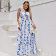 Vestido Longo Estampado De Alça Com Babado