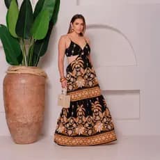 Vestido Feminino Longo Tecido Crepinho Detalhe Com Argola Estampa Floral