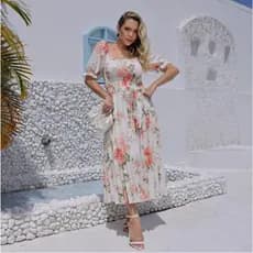Vestido Midi Feminino De Manga Curta Cintura Alta Plissado