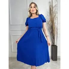 Vestido Feminino Plisado Liso Manga Bufante