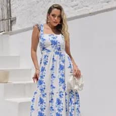 Vestido Longo Estampado De Alça com Babado