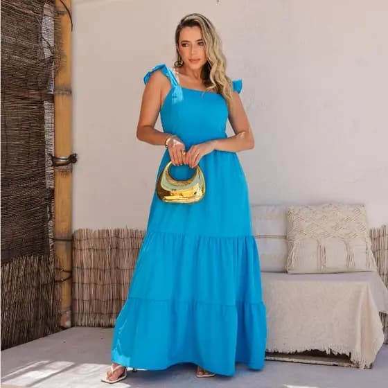 Vestido Longo Feminino em Tecido Duna com Alça e Babado, Forrado, Leve, Elegante e Confortável