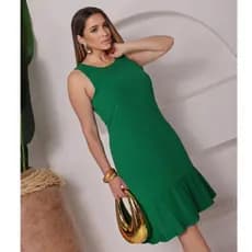 Vestido Feminino Midi Liso com Barra Plissada, Forro Interno e Zíper Invisível nas Costas Elegante
