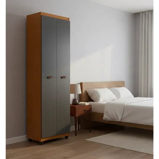 Multiuso Guarda-Roupa De Solteiro -Cedro/Ônix Modelo Clean  4 Portas 6 Nichos Direto Da Fábrica Com Envio Imediato