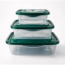 KIT 3 ORGANIZADORES DE COZINHA POTE RETANGULAR MARMITA SALADA TAMPA VERDE POTE TRANSPARENTE