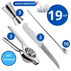 Kit 19 Peças Caipirinha Espremedor de Limão Colher de Suco Faca Inox Medidor Dosador Bebida Bar Restaurante Lanchonete