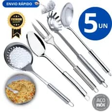 Jogo Utensílios Inox 5 Unidades - Escumadeira Garfo Trinchante Colher de Arroz Pegador Massas Concha Variáveis Premium