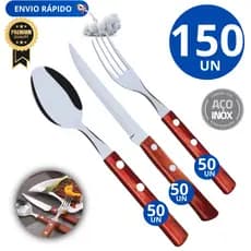 Kit 150 Unidades Talher 50 Garfos 50 Facas  50 Colher de Inox com Cabo de Madeira Faqueiro Linha Premium Churrasco Carne