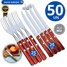 Conjunto 50 Unidades Talher 25 Garfos 25 Facas de Inox com Cabo de Madeira Faqueiro Linha Premium Churrasco Carne Casa