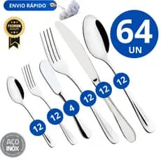 Kit 64 Garfo 12 Faca 12 Colher 12 Garfo Sobremesa 12 Colher Sobremesa  4 Espátula Talher Aço Inox Premium Cozinha