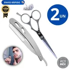 Jogo 2 Unidades 1 Navalhete Inox Premium Barba Cabelo Barbearia Prático Qualidade 1 Tesoura Profissional Inox Premium