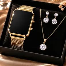 Relógio Digital Feminino LED Pulseira Silicone Kit Colar Brincos Caixa Presente